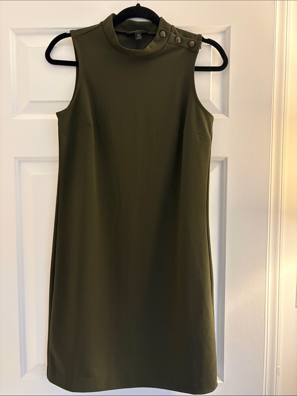 Sleeveless Olive Green Shift Dress with Button Detail